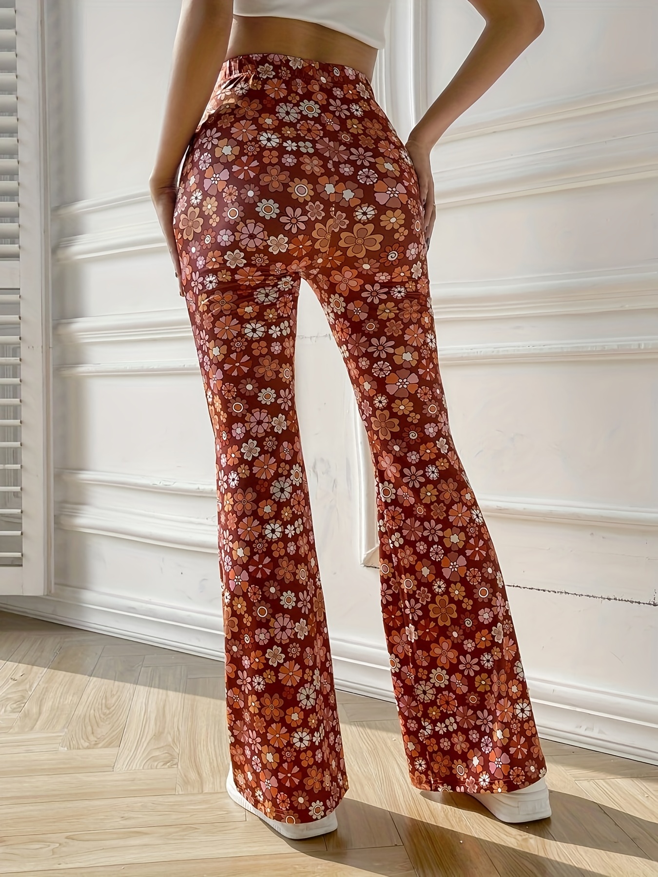 Floral Print Flare Leg Pants Boho High Waist Pants Spring - Temu