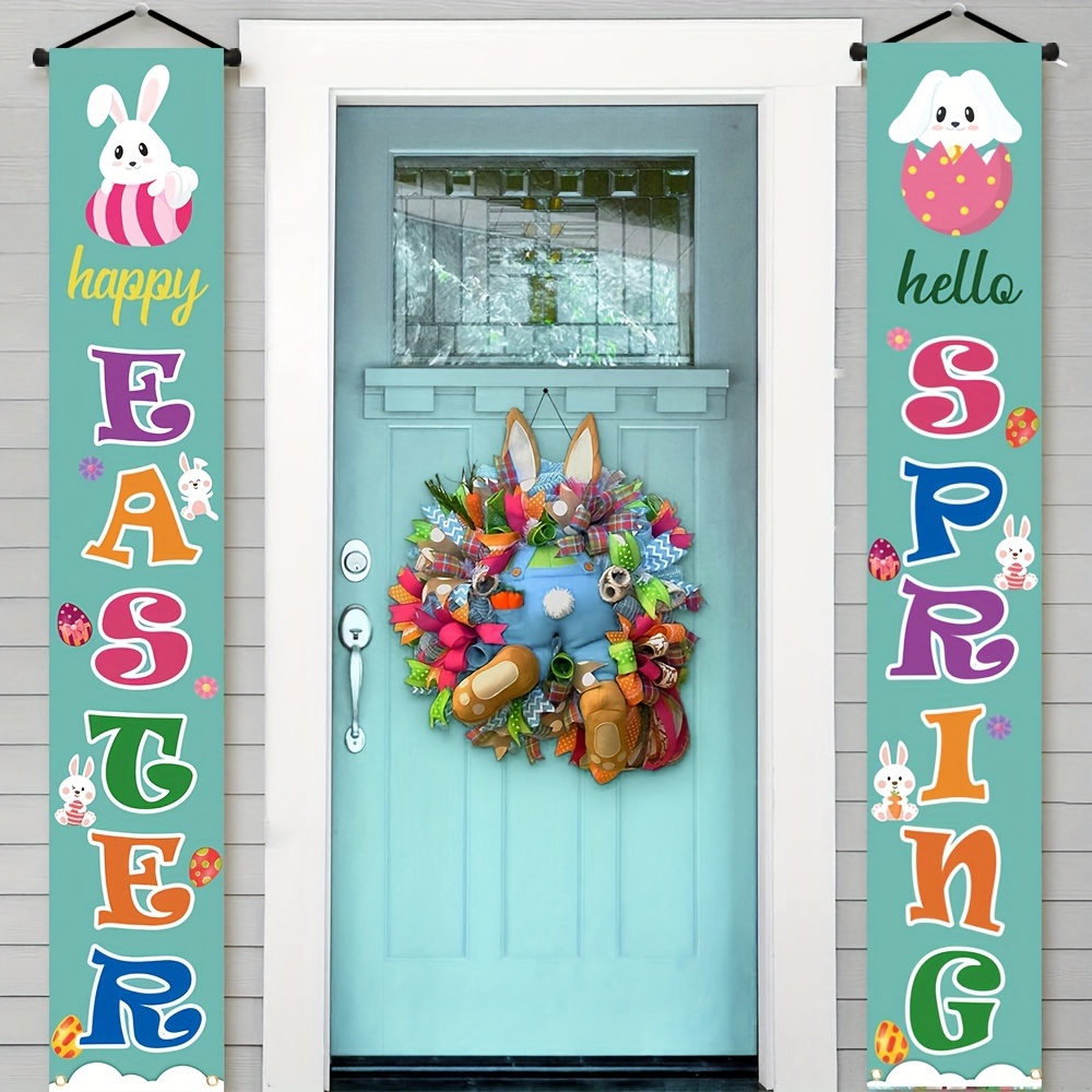 

2pcs, Welcome Easter Porch Home Decorations, Polyester Easter Egg Bunny Pattern Happy Spring Easter Party Banner Fence Garden Outdoor Indoor Hanging Decoration