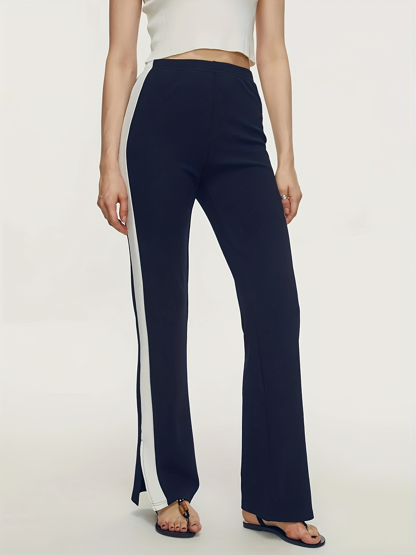 Striped Print Pants Casual Color Block Split High Waist Wide - Temu