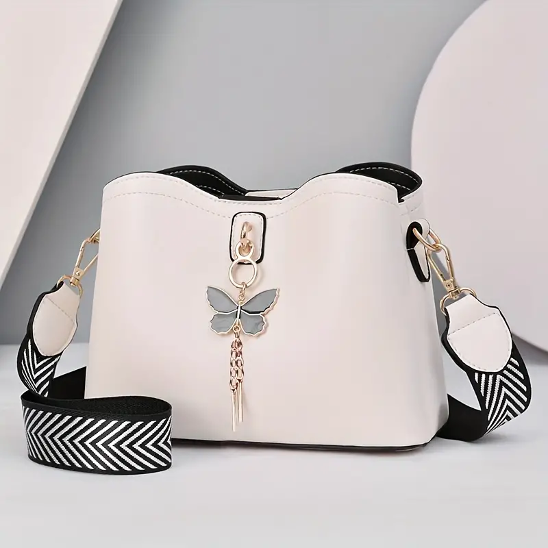 butterfly decor bucket bag geometric strap crossbody bag womens faux leather shoulder bag 9 1 7 1 4 3 inch details 5