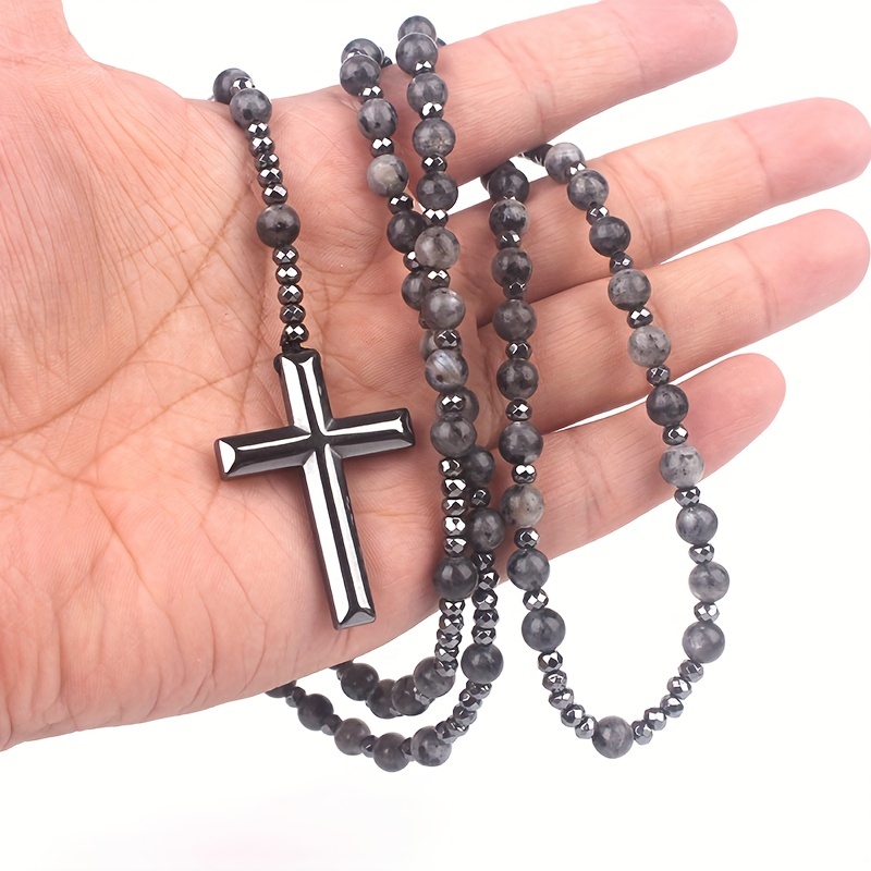 Men's Natural Stone Tiger Eye Lapis Glitter Bead Cross Pendant Necklace