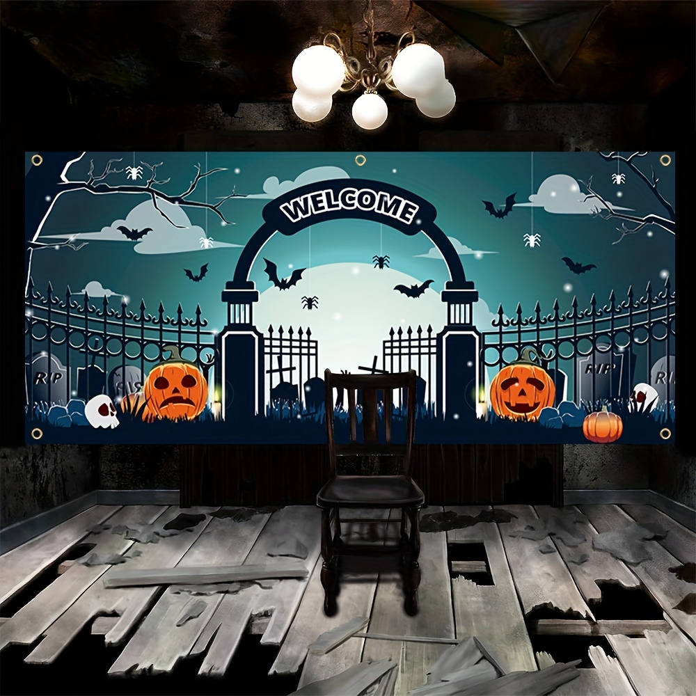 1pc happy halloween garage banner 157in 71in 400cm 180cm scary yard pumpkin pattern garage door decoration polyester with holes with rope hanging cloth mural door decoration for indoor outdoor yard holiday party backdrop arrangement details 1