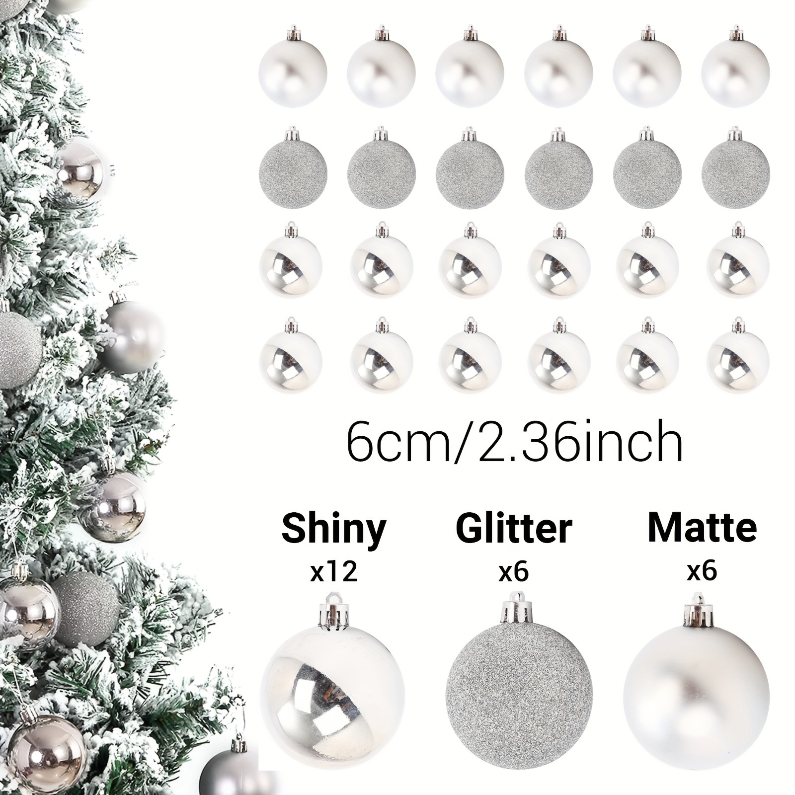 24pcs Silver Christmas Ball Ornaments For Christmas Tree Decoration