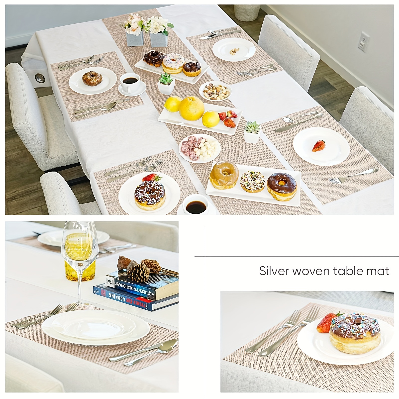 6pcs Vinyl Woven Placemats Beige Heat Resistant Kitchen Dinners Indoor Outdo