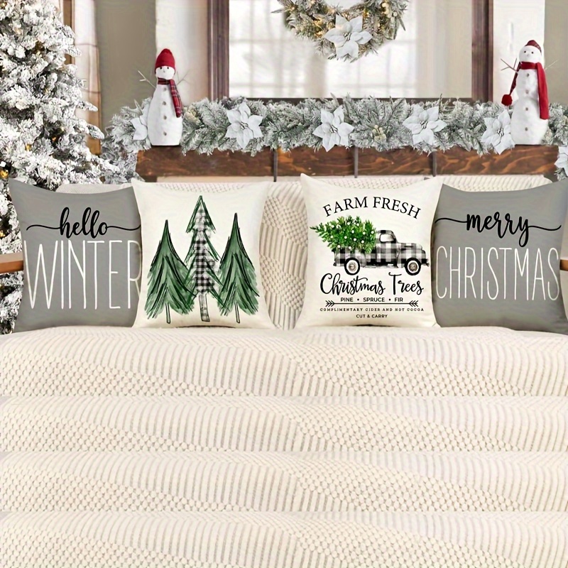 4pcs Christmas Pillow Shams, 18x18 Inches, Buffalo Plaid Christmas Tree  Merry Snow Merry Christmas Pillow, Winter Holiday Throw Pillow, Christmas  Farm