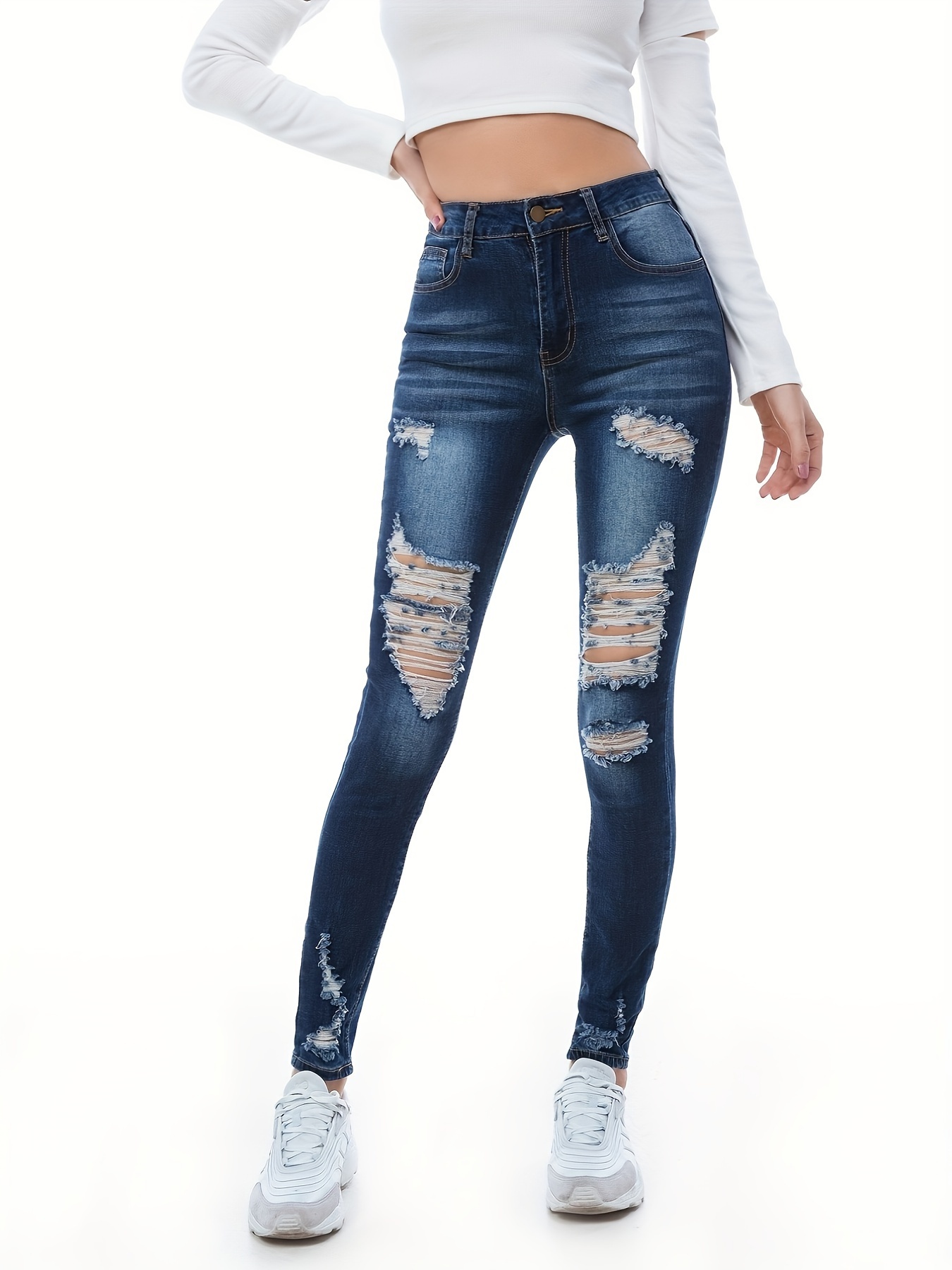 Jeans ajustados de talle alto desgastados y elásticos, pantalones de  mezclilla rasgados negros de cintura alta, jeans y ropa de mezclilla para  mujer
