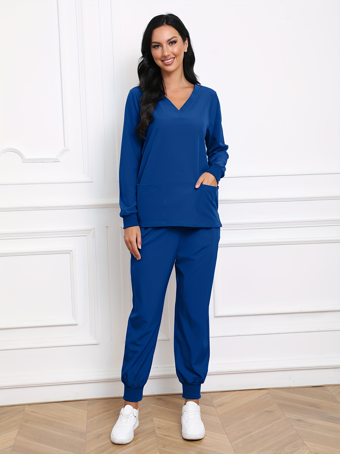 Solid Scrub Two piece Set Casual Long Sleeve V Neck Top - Temu