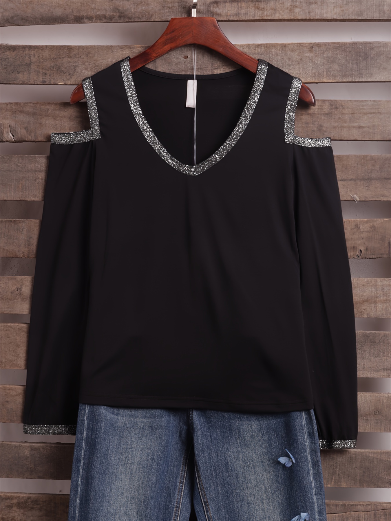 Contrast trim shop cold shoulder jumper