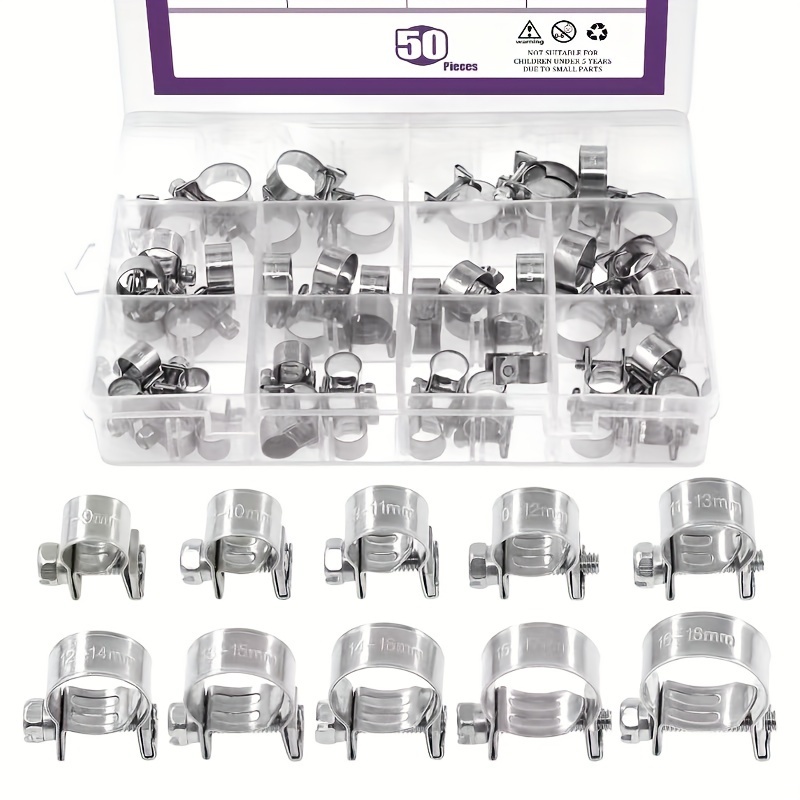 Image of 50pcs (10 Sizes) Galvanized Carbon Steel Hose Clamp Kits Ideal For Automotive, Agricultural, Plant And Construction Industries