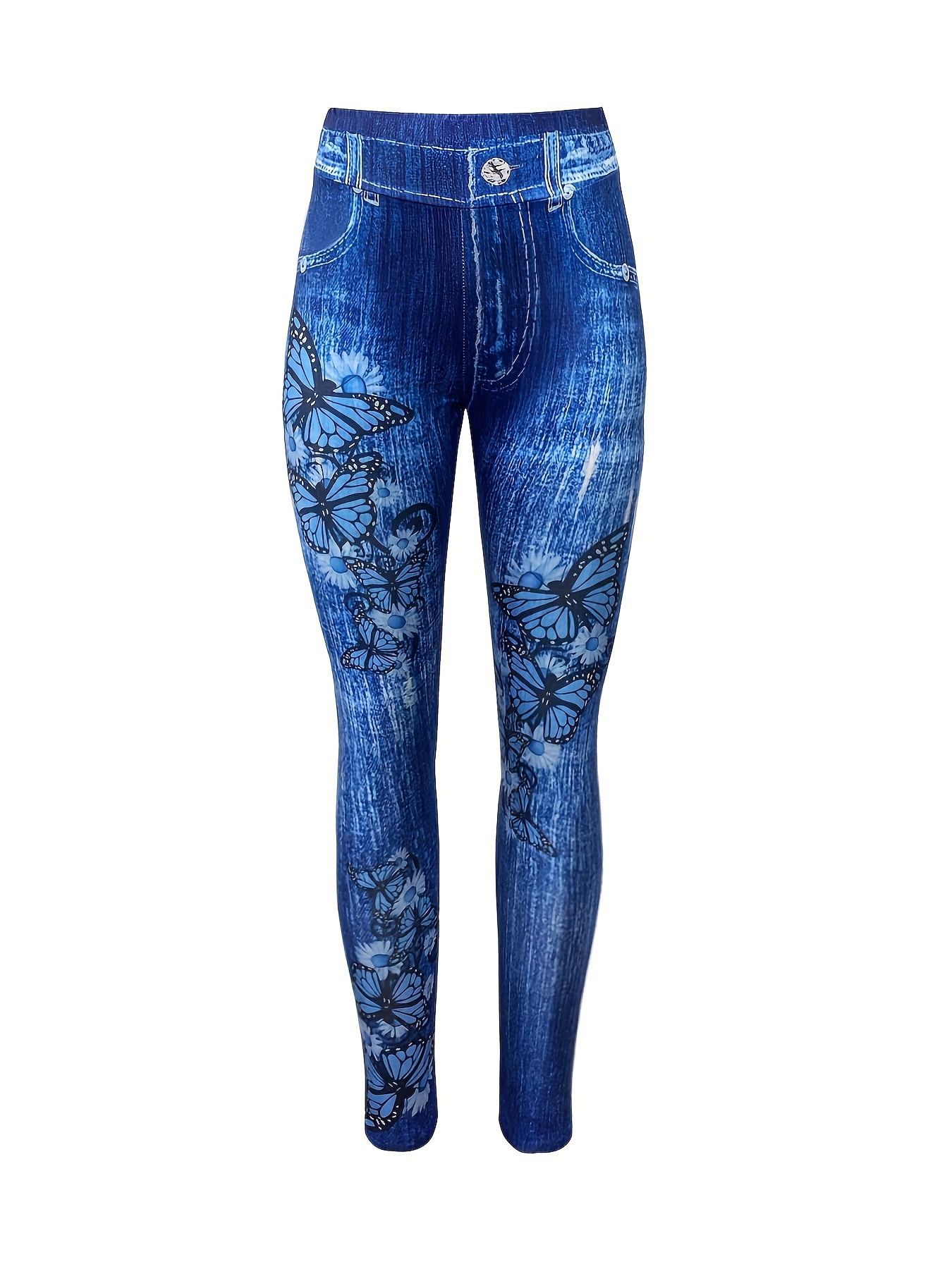 Faux Denim Butterfly Print Tummy Control Butt Lifting Sports Leggings, Yoga  Workout Running Tight Pants, Women's Activewear