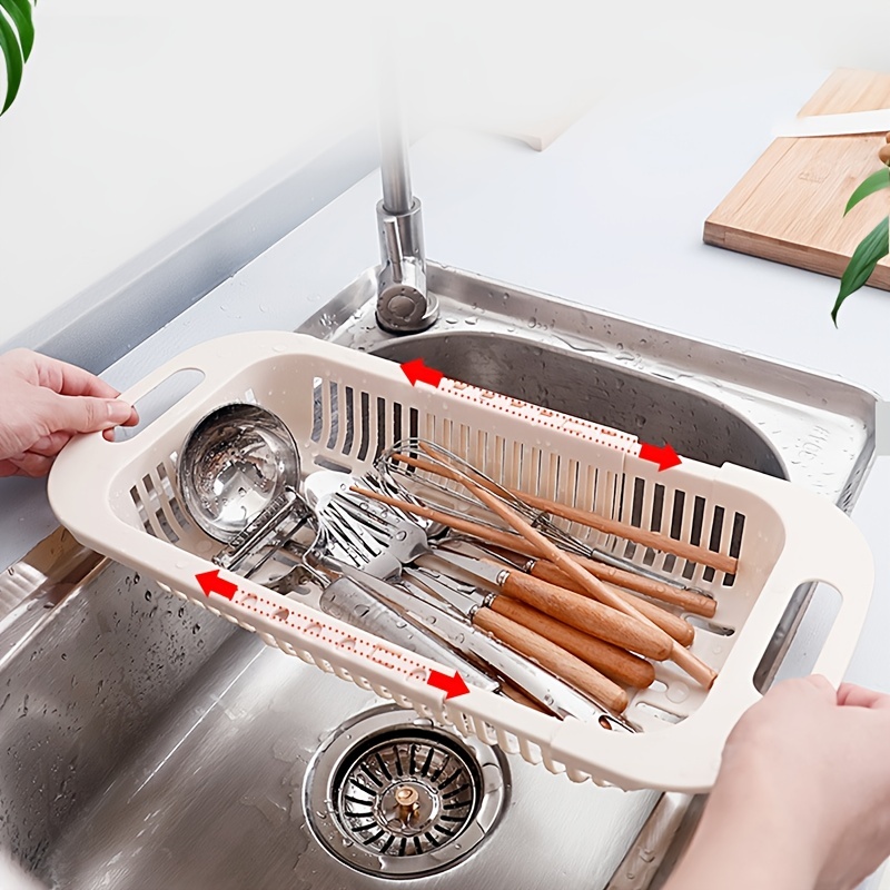 MineSign Extendable Over the Sink Colander Fruits and Vegetables Drain  Basket Adjustable Strainer Sink Washing Basket for Kitchen (Grey)