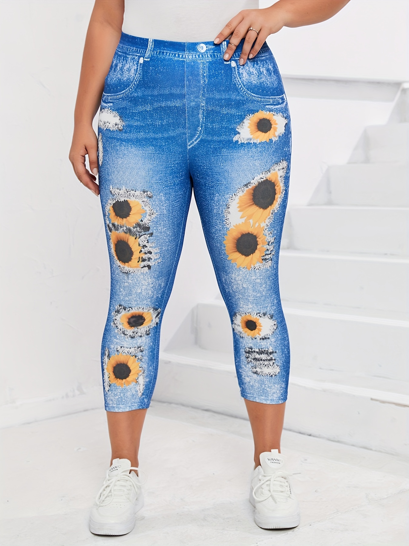 Plus Size Casual Leggings, Women's Plus Denim & Sunflower Print Stretchy  Capri Leggings