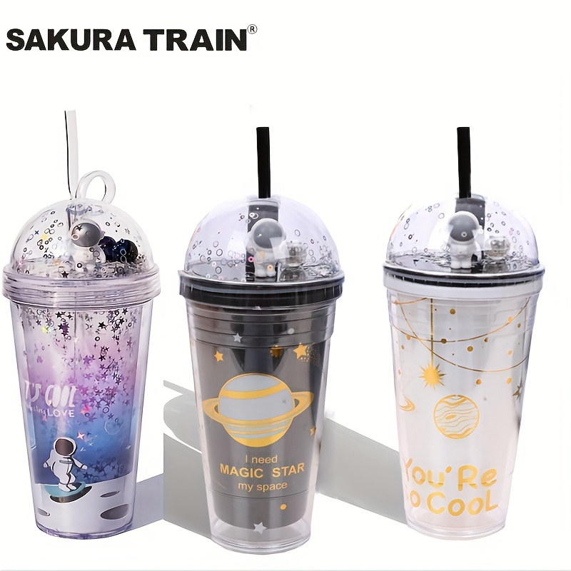 Kawaii Sakura Water Bottle Insulated Double Wall Reusable Leakproof Plastic  Travel Tumbler Cup With Lids & Straws,BPA Free 480ML