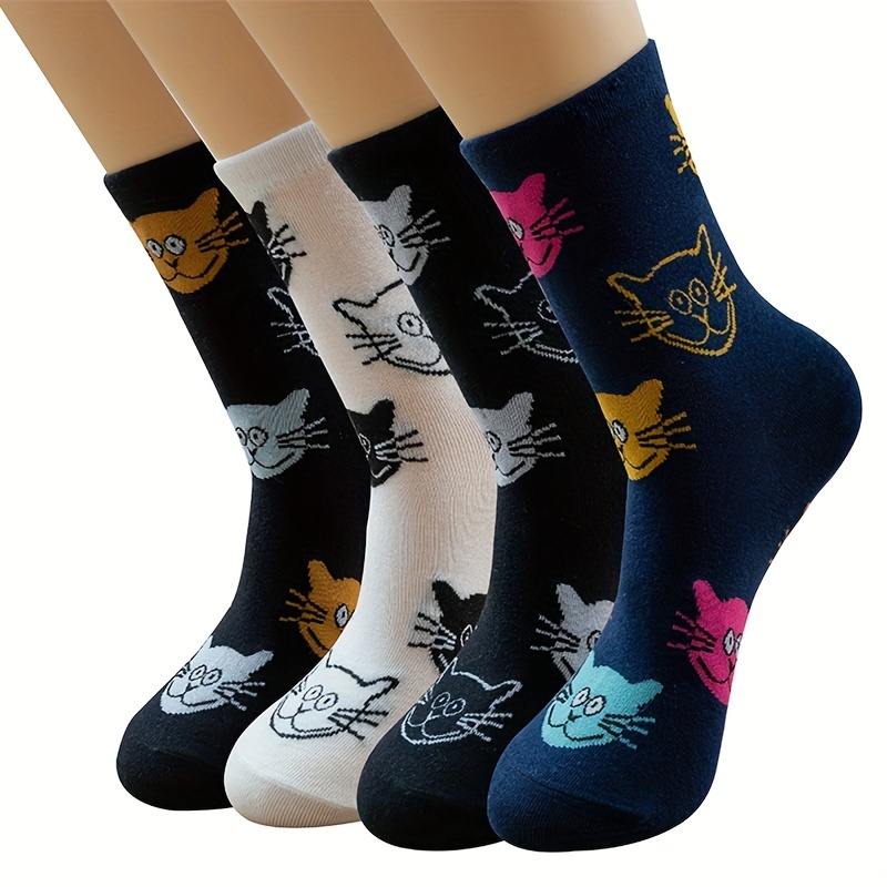 

4 Pairs Men's Cartoon Cat Athletic Socks Anti-odor Sweat-absorbent Breathable Solid Color Casual Crew Socks Cat Lover Gifts