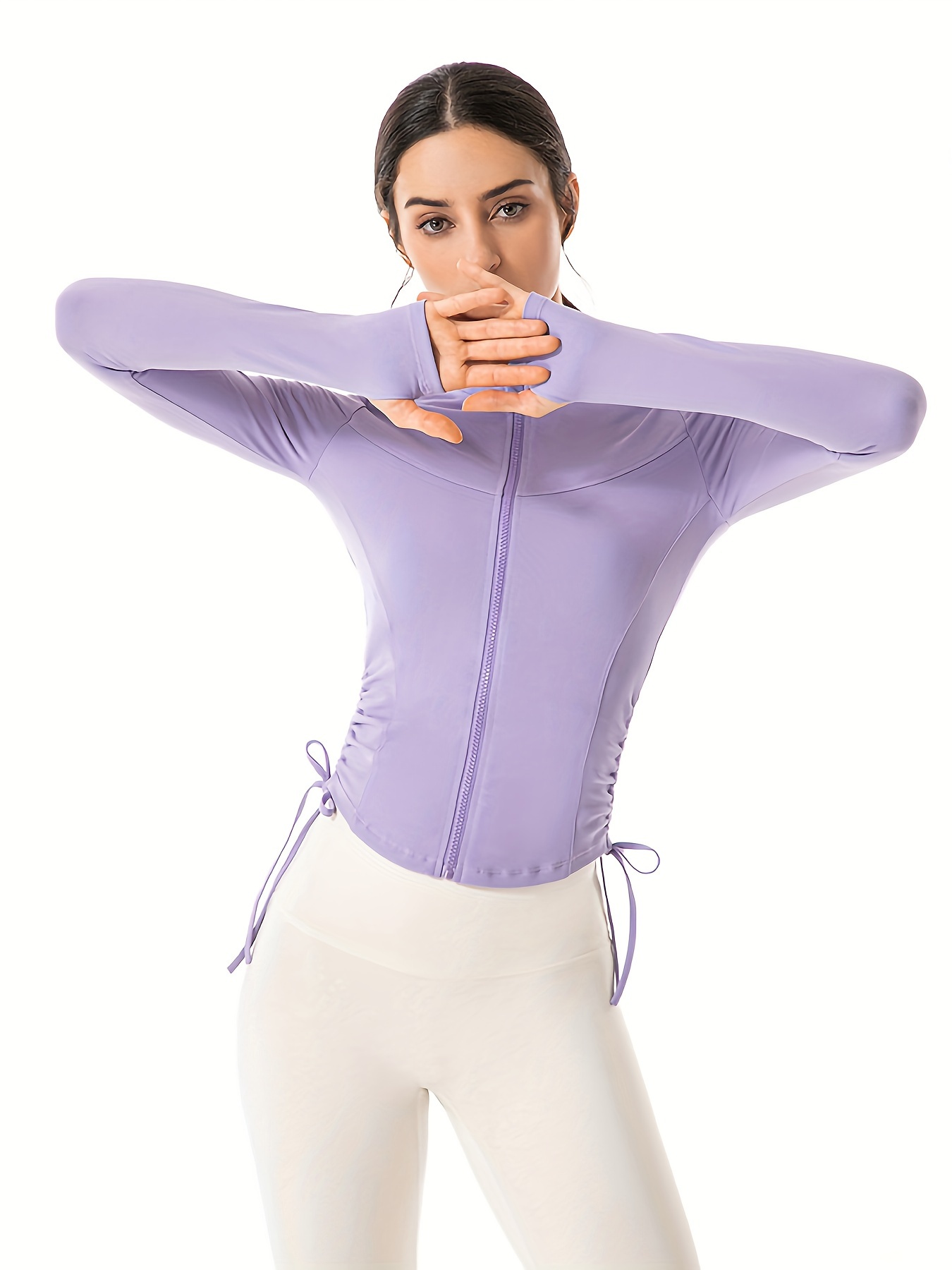 Solid Color Long Sleeve Drawstring Side Yoga Jacket Zipper - Temu