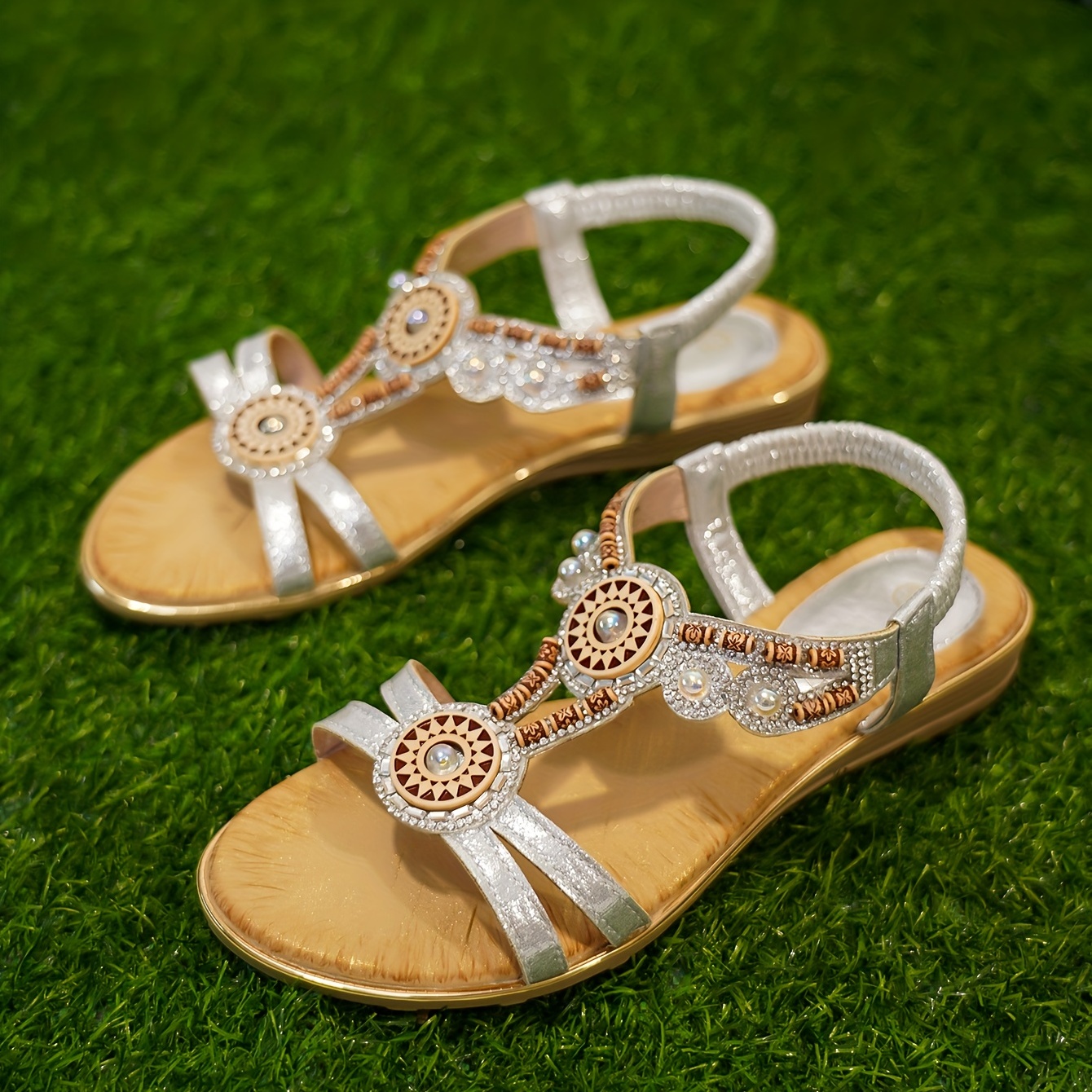 Boho Style Beads Decor Flat Sandals Rhinestone Slip On Shoes