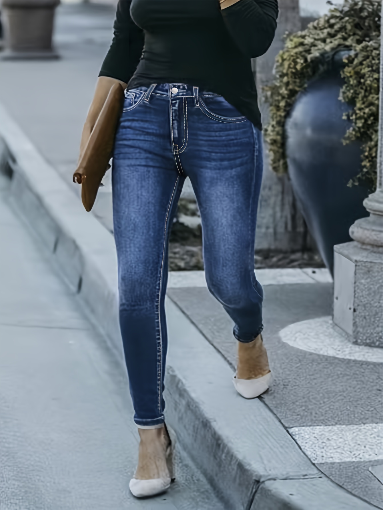 Estiramiento de la cintura alta jeans jeans casuales azules de