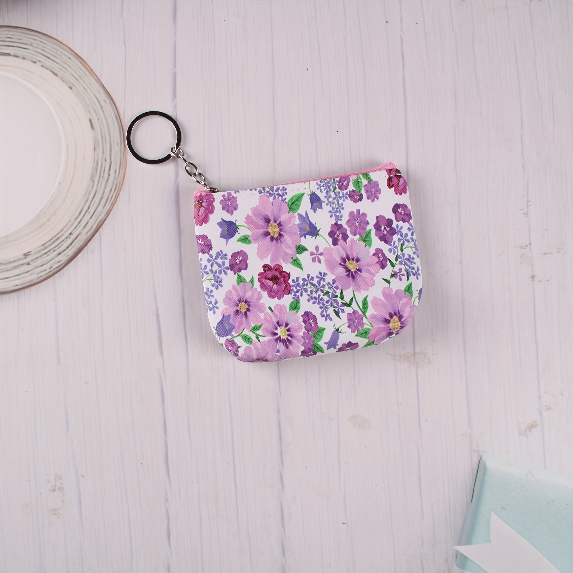 Pink Flower Round Coin Purse Keychain