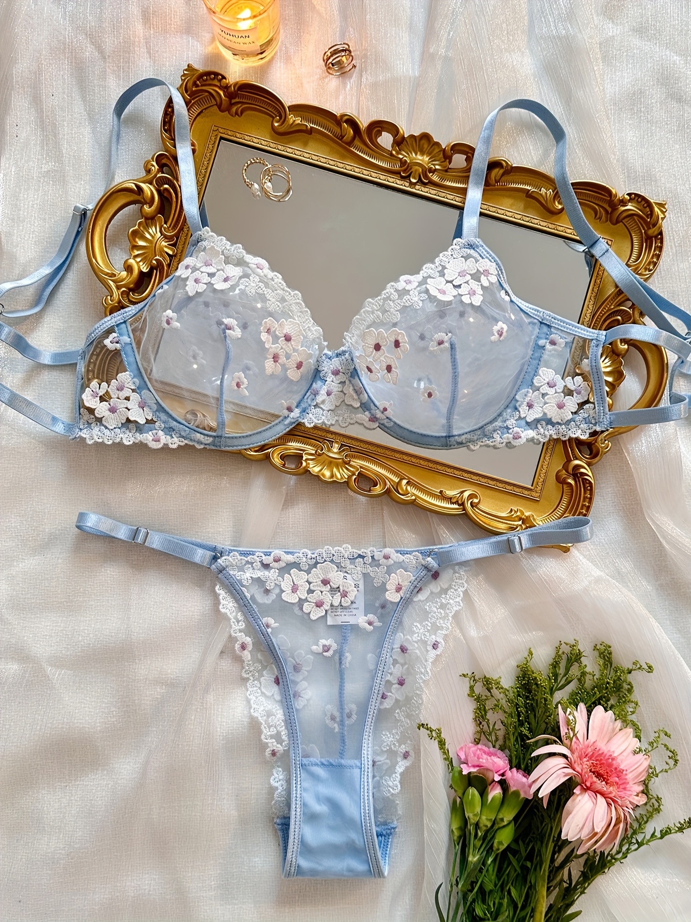 YDKZYMD Lingerie Set for Women Sexy Mesh Girlish Floral Embroidered Bra and  Panty Light/Blue/Pink L 