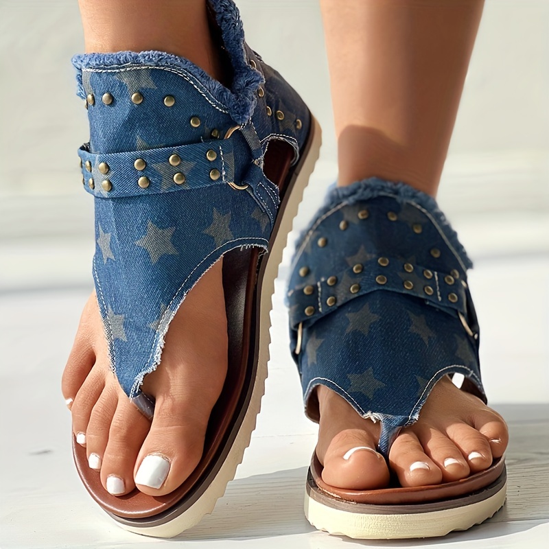 Women's Casual Denim Sandals Back Zipper Open Toe Non Slip - Temu Canada