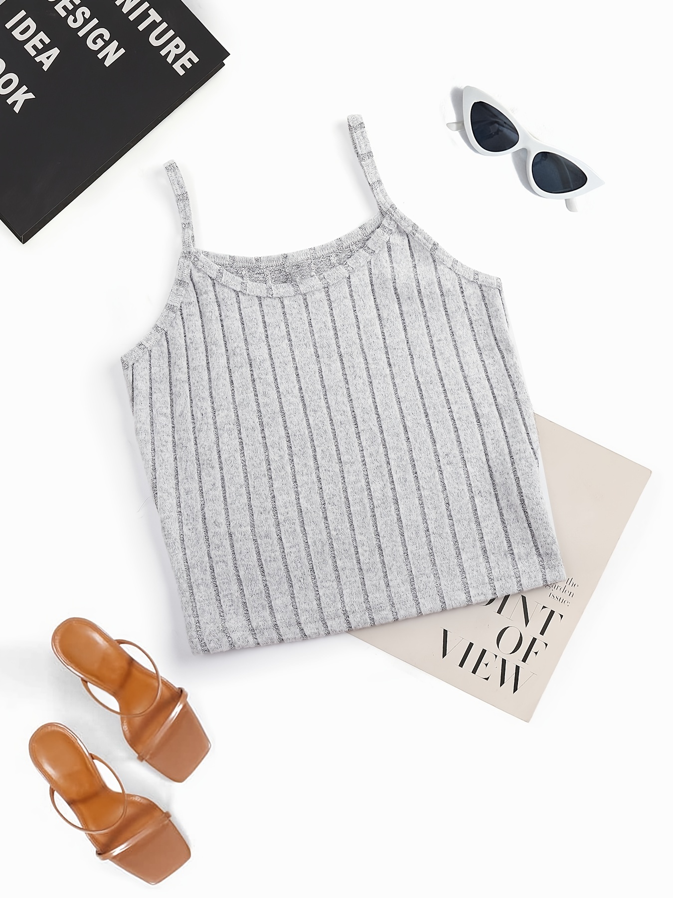 Solid Ribbed Spaghetti Strap Top Sleeveless Cami Top For Summer
