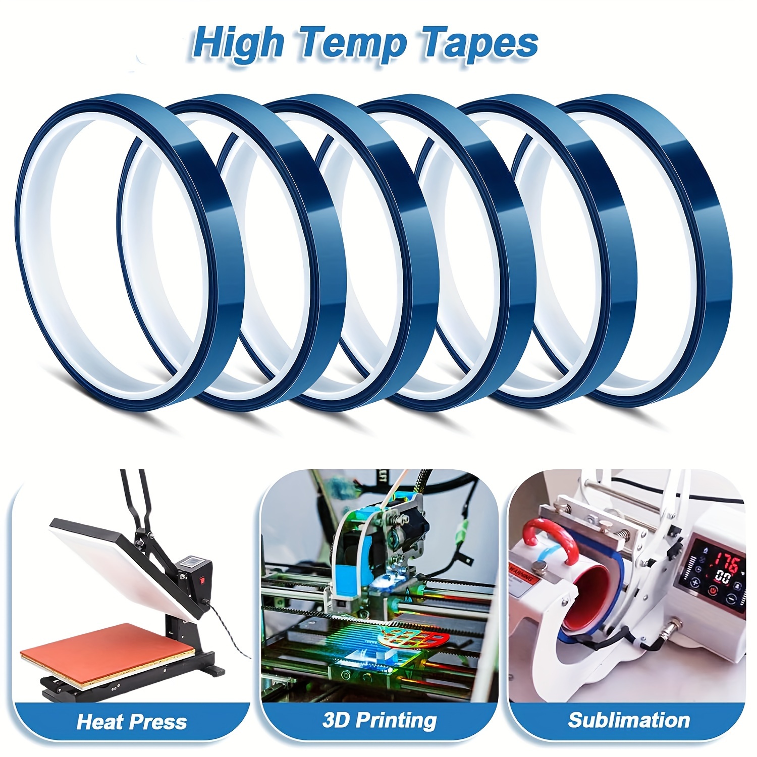 High Temperature Resistant Transfer heat Tape for Sublimation No Residue  10mm X 33m 108ft (Blue-2 Roll)