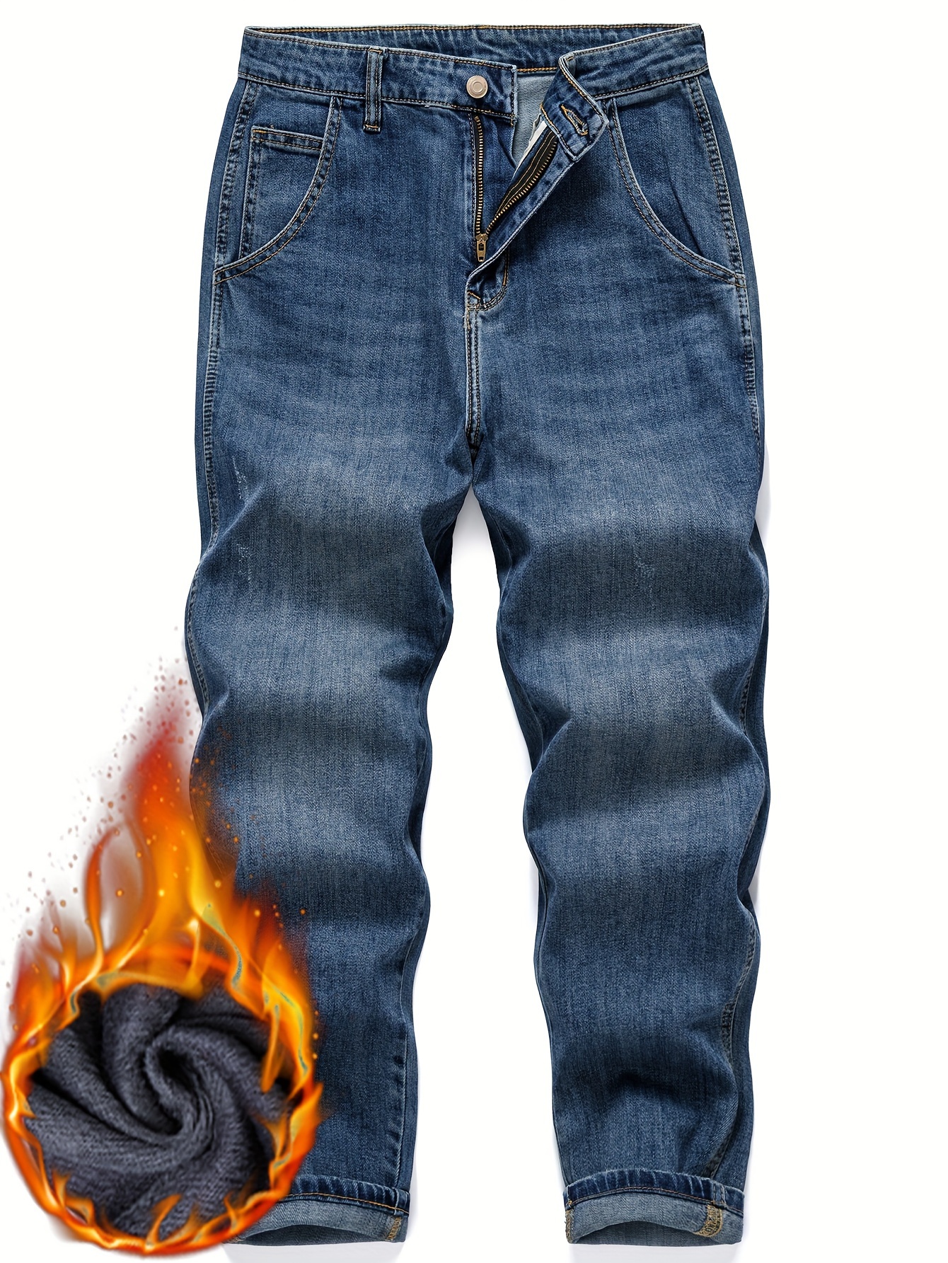 Mens Winter Thermal Jeans, Stretch Straight Fleece Denim Pants, Black,  Blue, Gray, From Gallery_deptt, $11.79