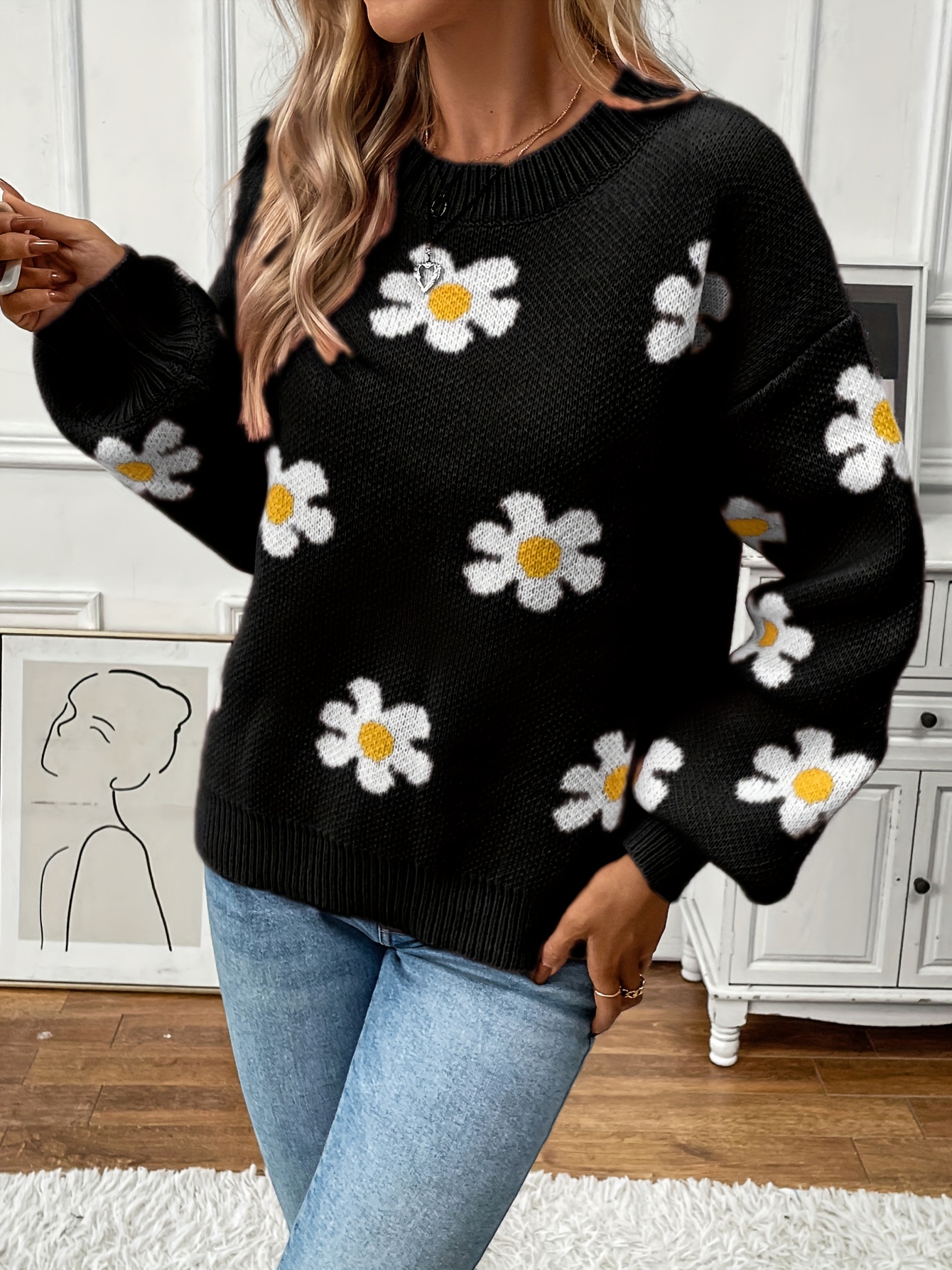 Floral Print Sweater Long Sleeve Pullover Women's Clothing