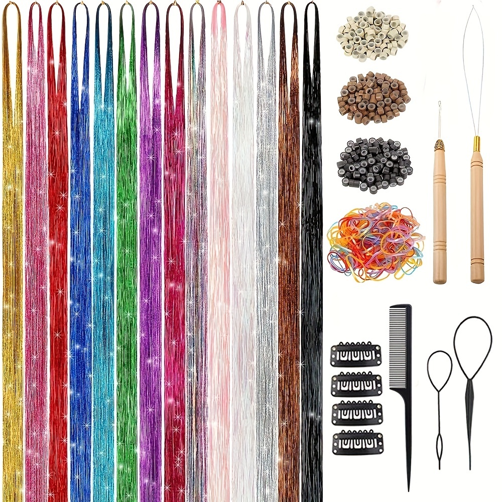 23 Pieces Strands Tinsel Hair 65 Pieces 13 Colors Synthetic Hair Feathers Hair Extension Kit with 200 Micro Ring Beads Glitter Hair Tinsels for