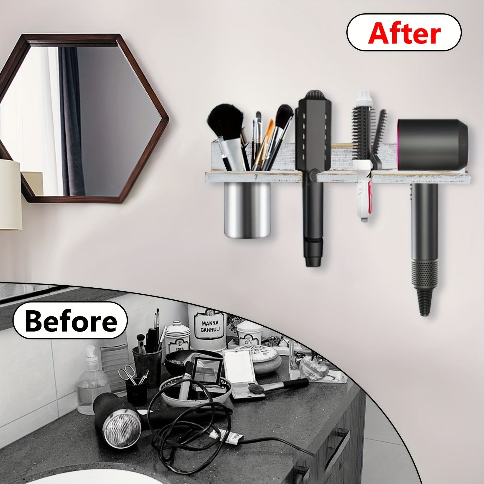 Hair Dryer Holder-White Hair Tool Organizer, Bathroom Wall Mount
