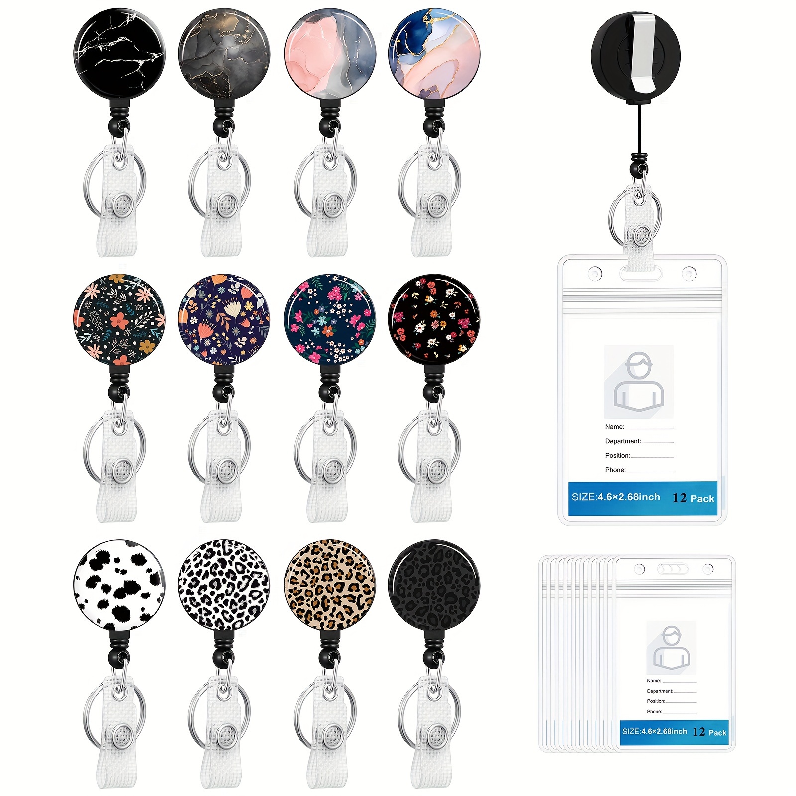 12pcs Badge Reels Retractable with ID Badge Holders Heavy Duty Badge Reel Clip and Vertical Clear ID Card Holder,Temu