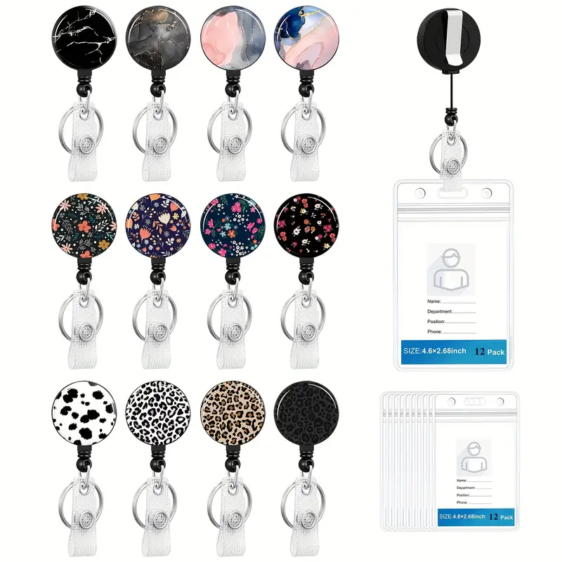 12pcs Badge Reels Retractable with ID Badge Holders Heavy Duty Badge Reel Clip and Vertical Clear ID Card Holder,Temu