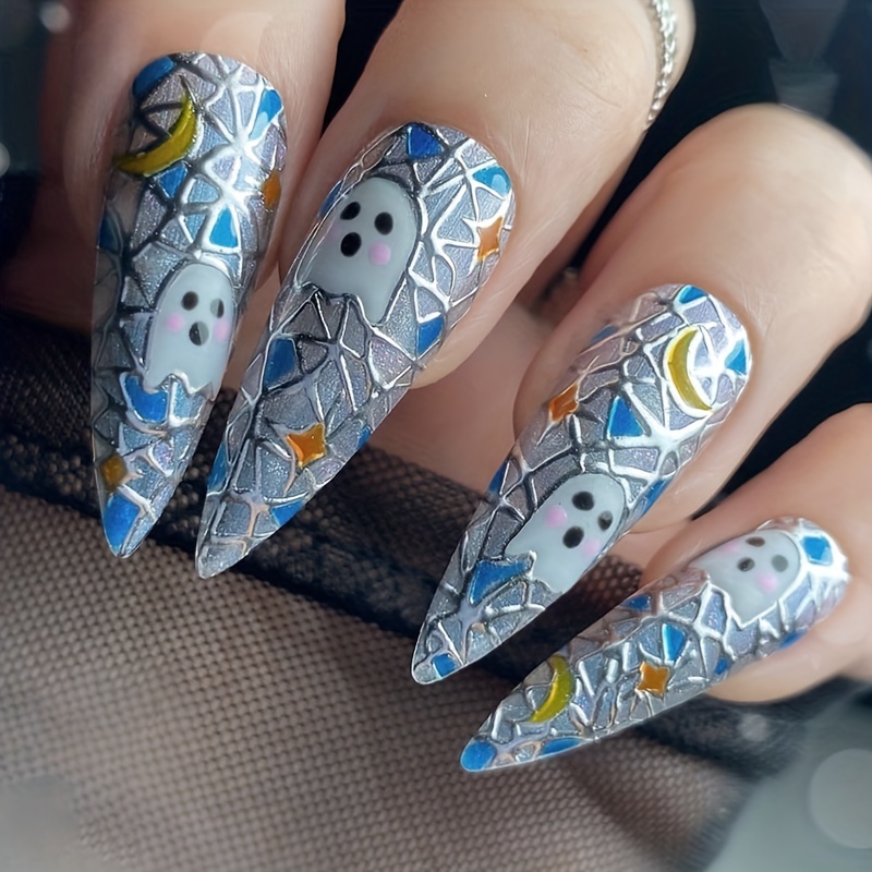  24 Pcs Long Coffin Fake Nails Halloween Press on Nails Cute  False Nails with Ghost Spider Web Moon Stars Designs Glossy Acrylic Nails  Full Cover Nude Glue on Nails Halloween Stick