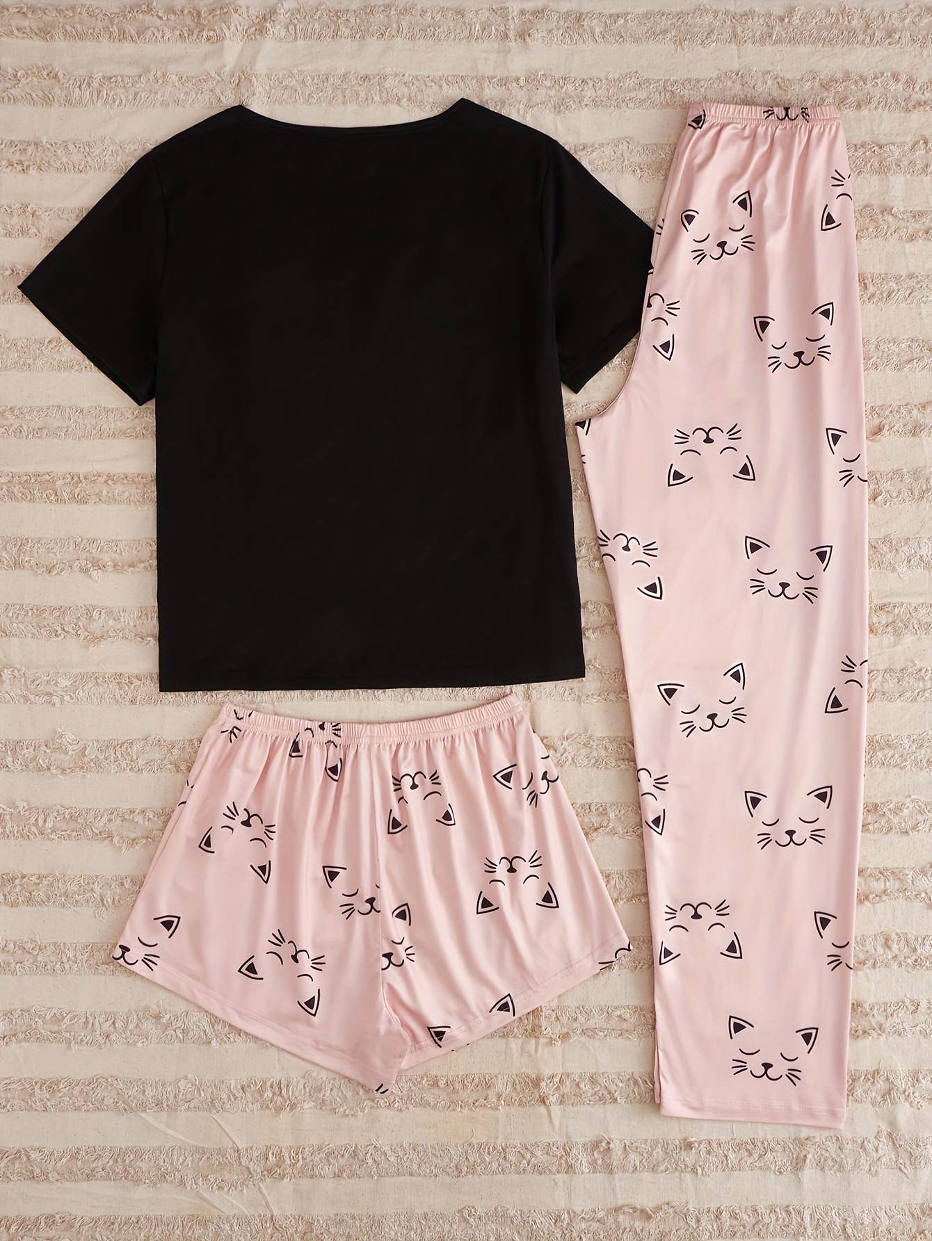 Women's Cute Pajamas Set Cat Print Casual Sleepwear Fashion Short Sleeve  Top + Shorts Femmes Pyjamas