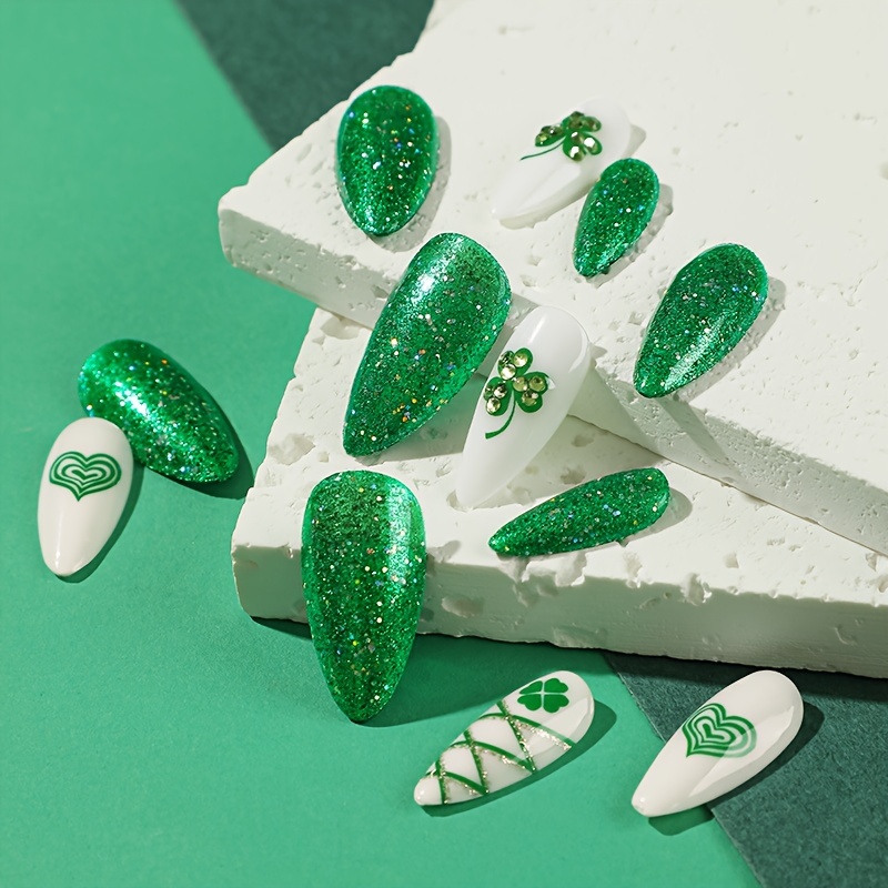 24pcs st patricks day press on nails medium almond fake nails acrylic green heart lucky clover exquisite luxury rhinestone almond design fashion st patricks day nail decoration for nails for women and girls details 0