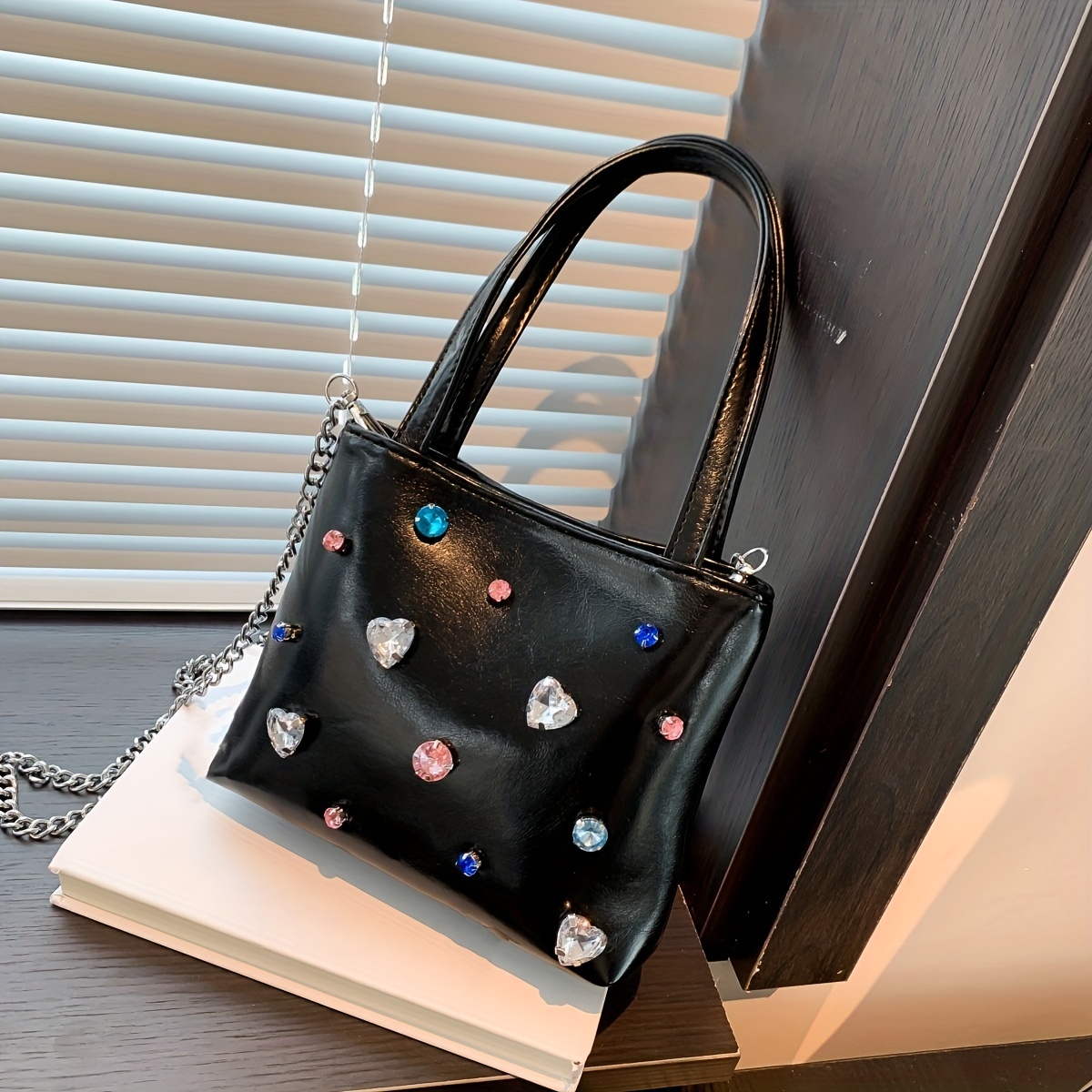 Mini Colorful Rhinestone Glitter Metal Chain Crossbody Bag, Pu