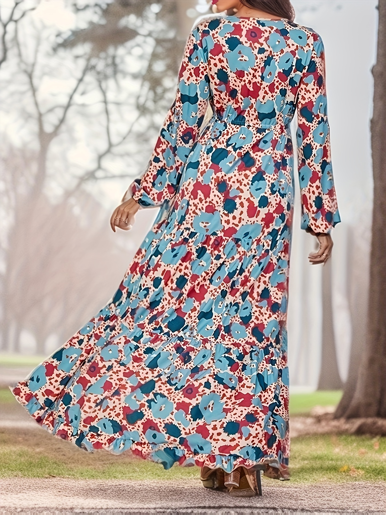 Tiered Floral Print Dress Boho Lantern Sleeve V Neck Maxi - Temu Canada