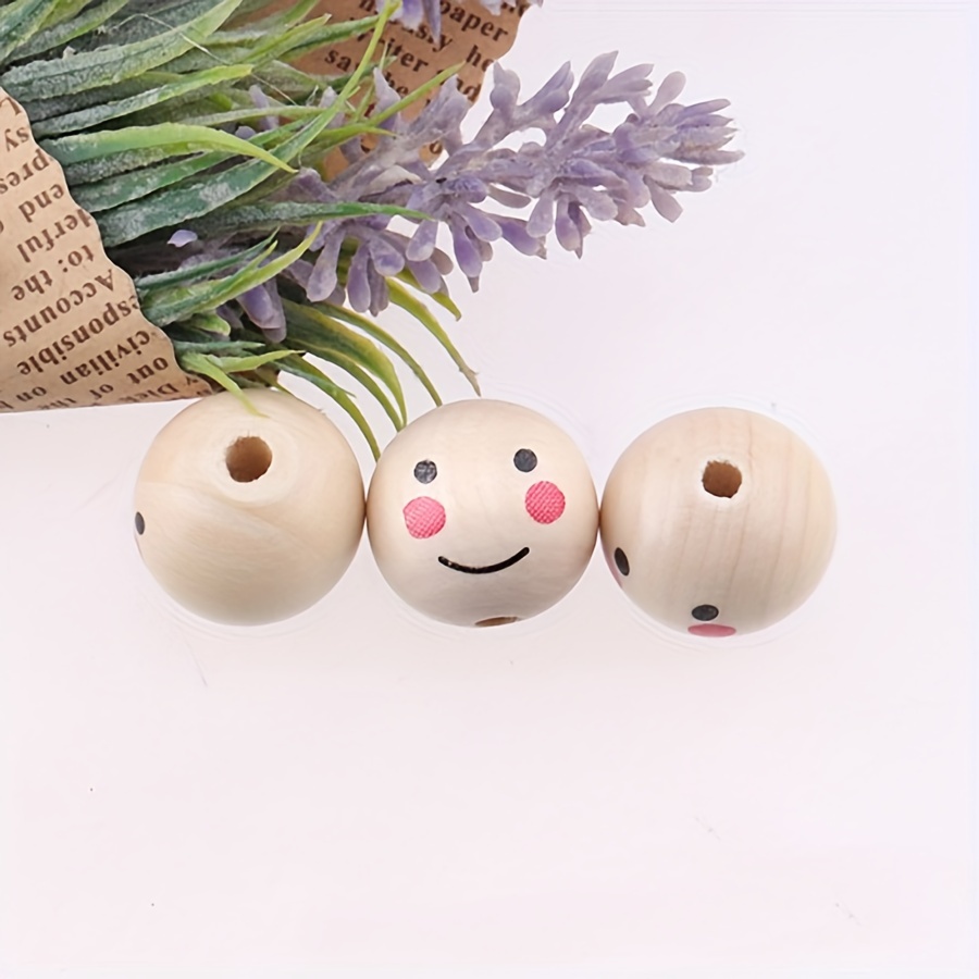 50Pcs Wooden Beads Smile Face Wood Round Ball Loose Round Bead with Hole  for