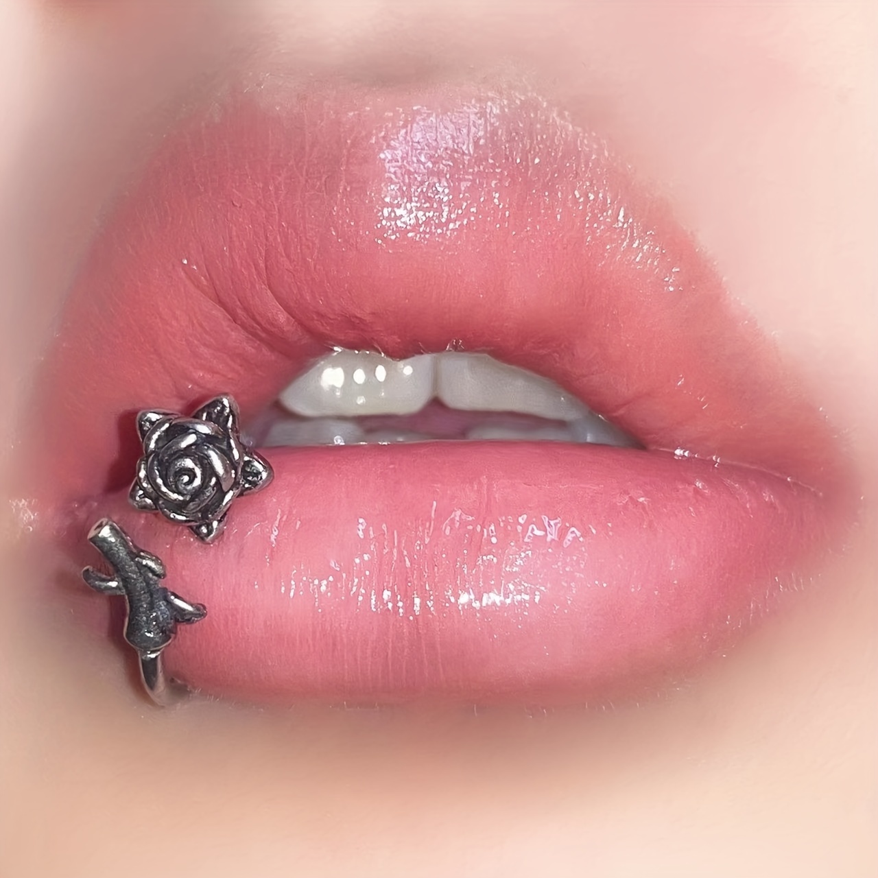 Rose Flower Branch Lip Ring
