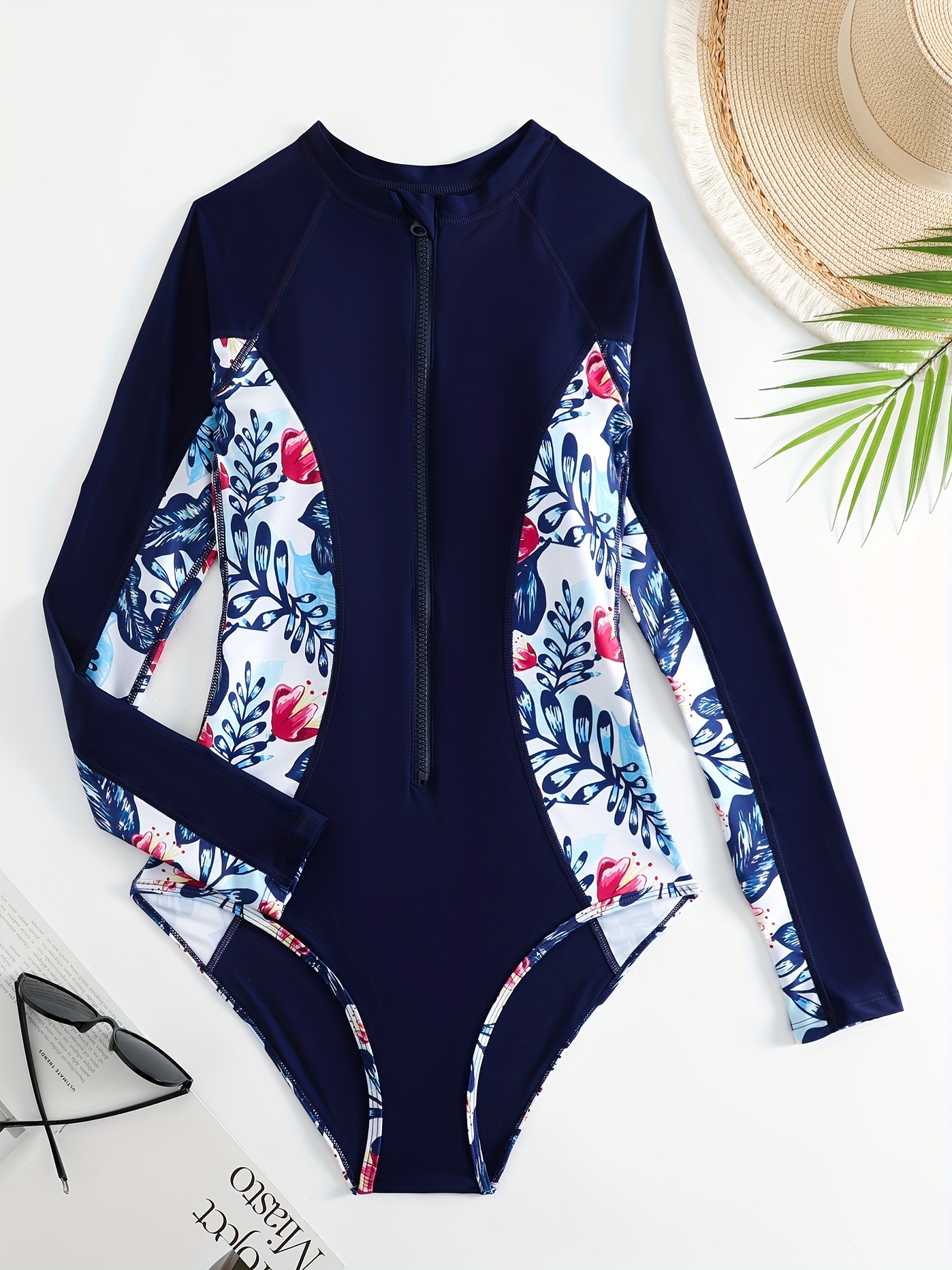 Zipper Floral Print * One-piece Swimsuit, Long Sleeve Fast Dry Stretchy  Water Sports Bathing Suits, Women's Swimwear & Clothing