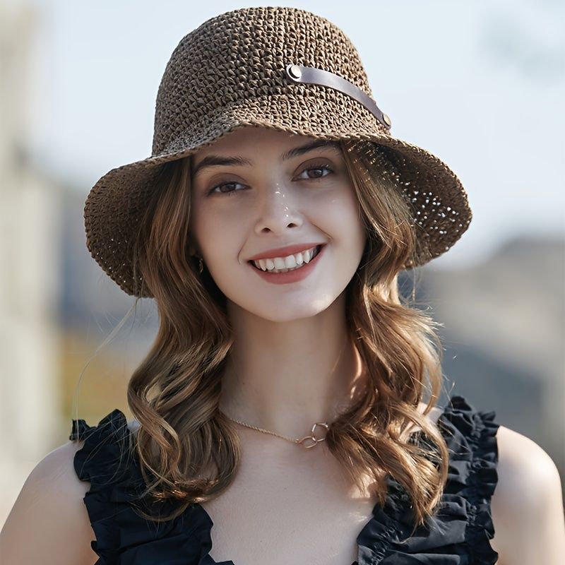 Brown Crochet Bucket Hat Hollow Breathable French Style Straw Hat Belt  Button Decor Sun Hats Beach Cap | Check Out Today's Deals Now | Temu