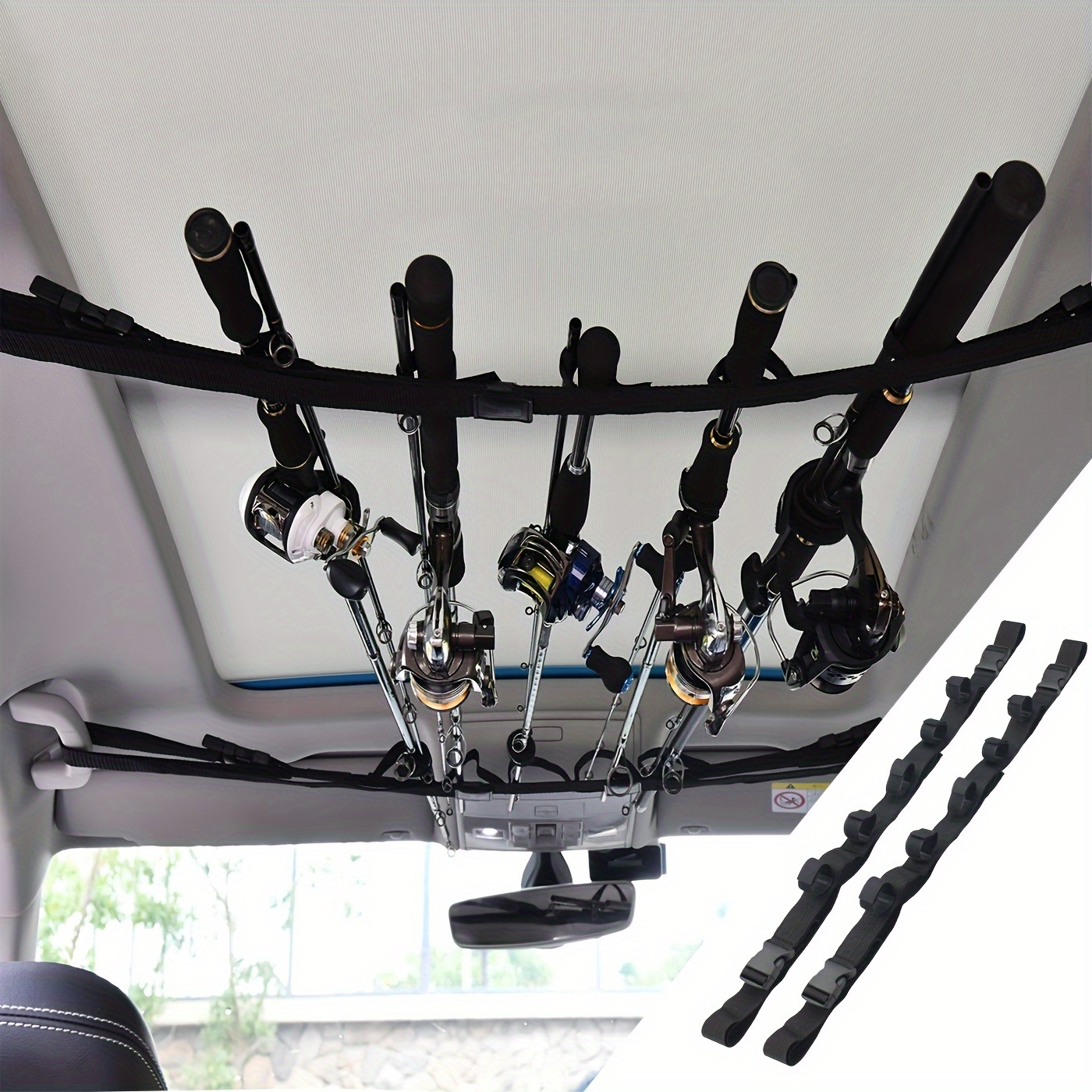 2pcs Vehicle Fishing Rod Holder, 5 Rod Capacity Heavy Duty Nylon Adjustable  31.5-51.2 In, Fishing Pole Rack Belt Strap For SUVs Trucks *