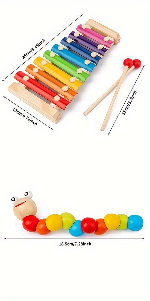 5 in 1 montessori wooden toys educational toys musical instrument xylophone bead decor rainbow tower twist insect number clock random mode details 2