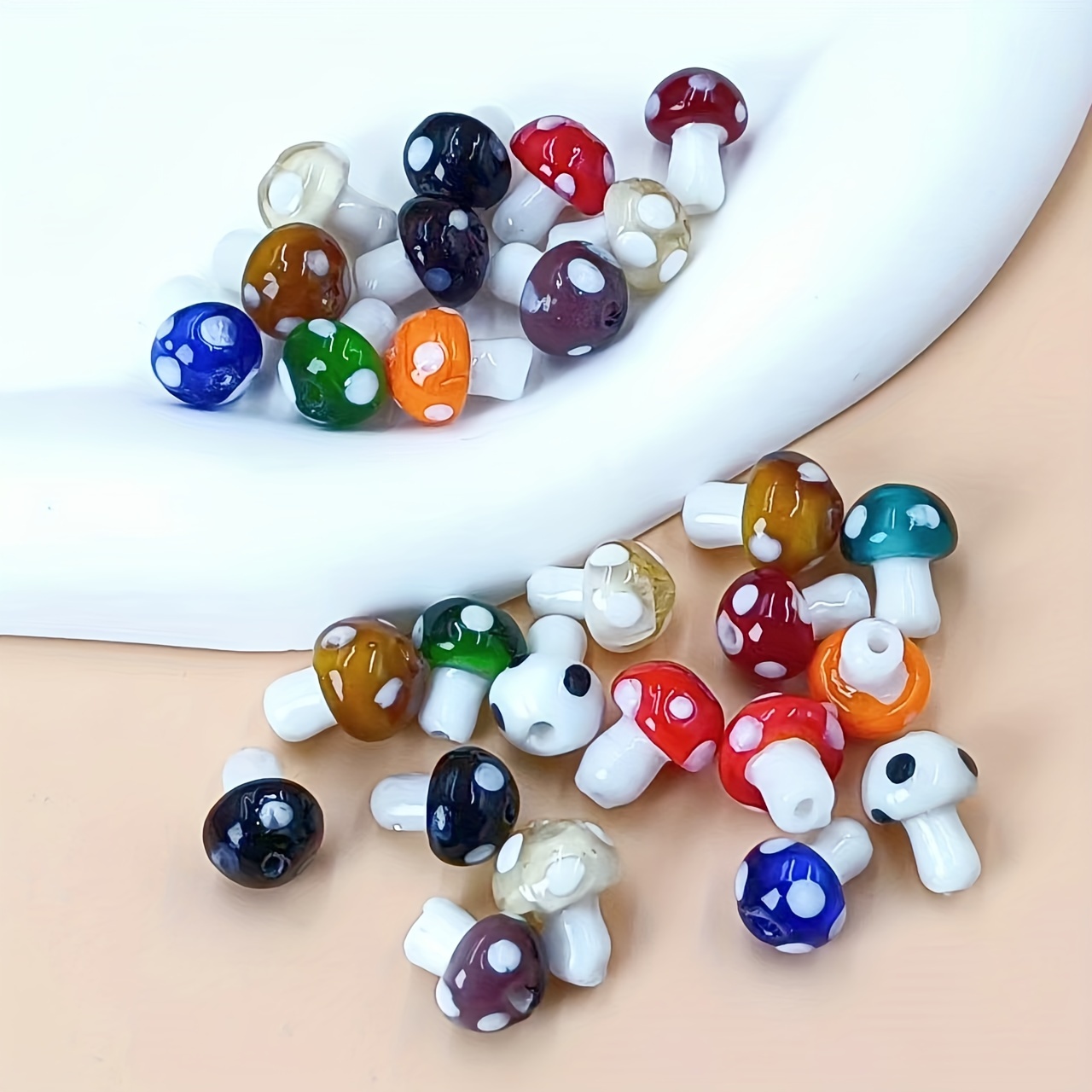 

10pcs Colorful Glass Small Mushroom Polka Dot Beaded For Jewelry Making