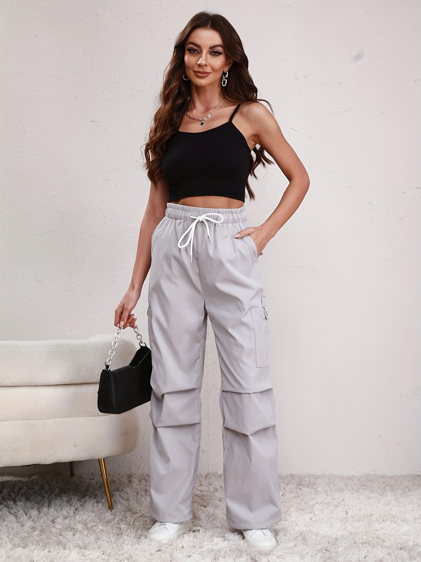 Drawstring Ruched Wide Leg Cargo Pants, Casual Streetwear Pocket Pants,  Women's Clothing