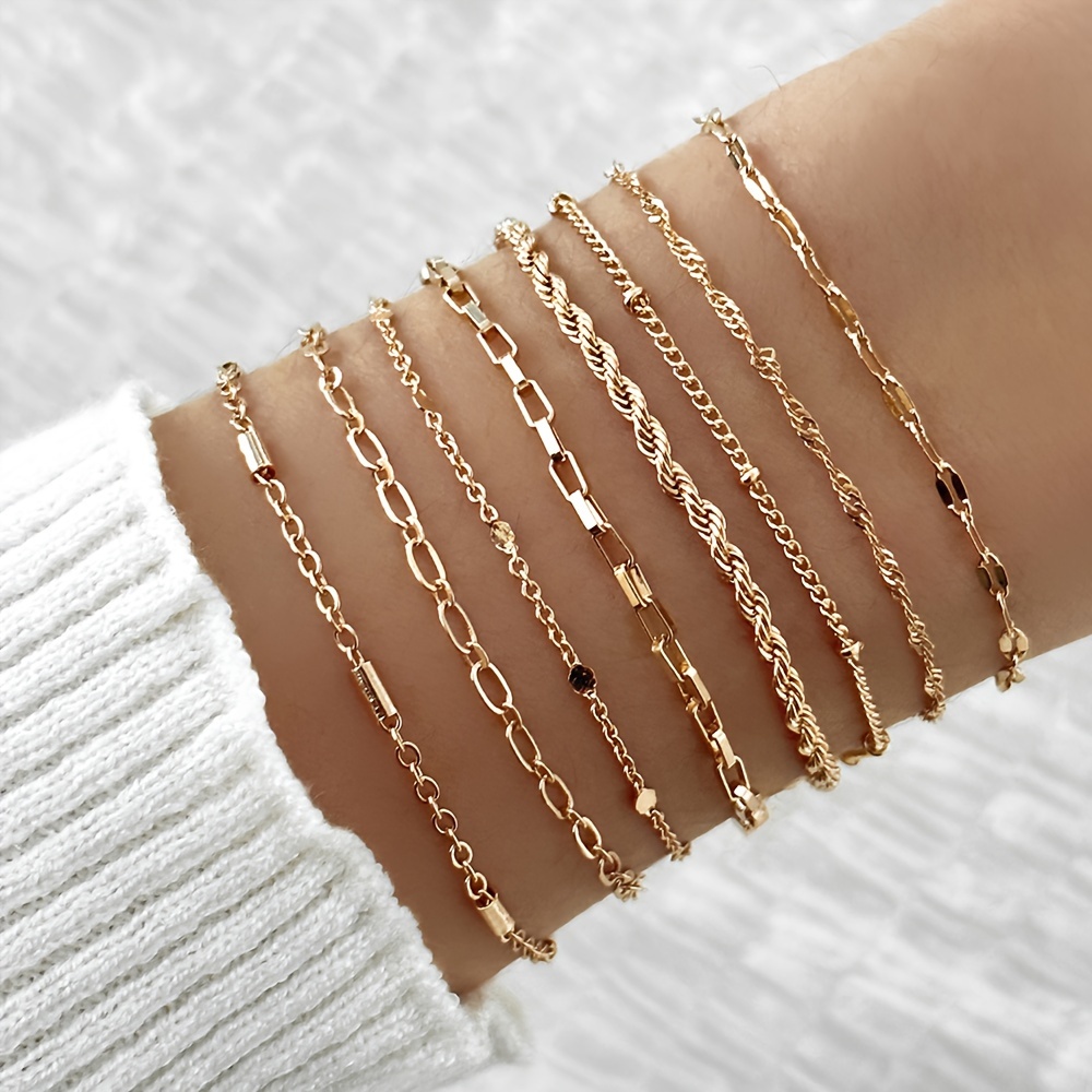 

8pcs Simple Style Thin Chain Bracelet Set Stackable Hand Chain Jewelry Decoration Daily Wear