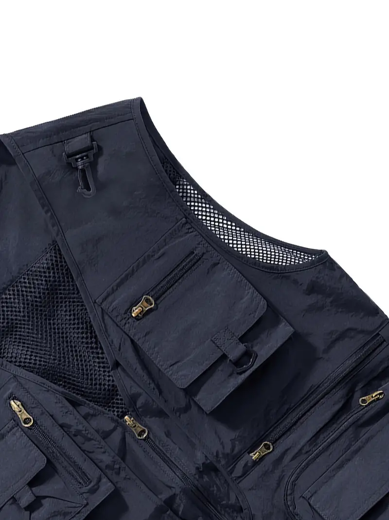 Zipper Pockets Cargo Vest, Men's Casual Outwear Zip Up Vest For Outdoor Fishing Photography, Orange Lightweight Utility Vest, Summer Breathable