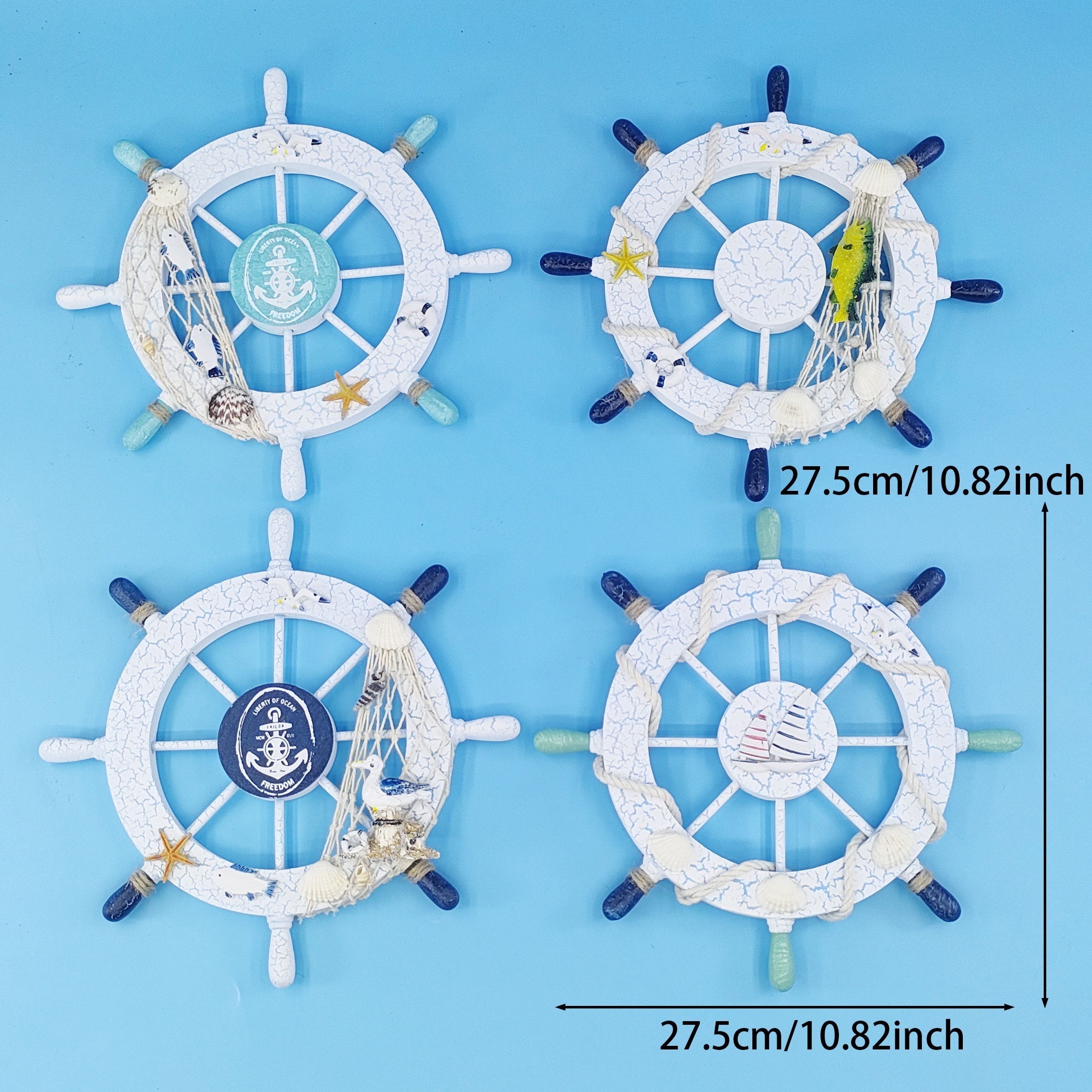 WINOMO Wooden 23cm Beach Boat Ship Steering Wheel Fishing Net Home Wall  Decoration (Blue)
