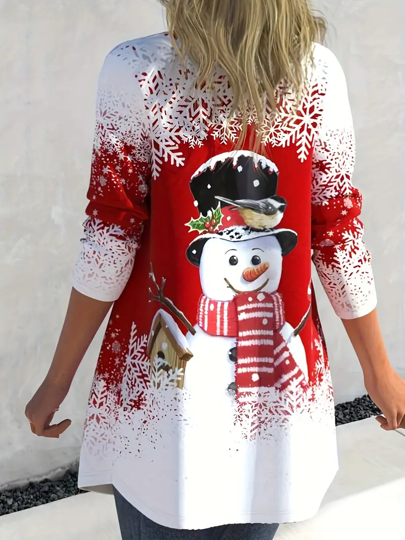 Plus Size Christmas Cardigan, Women's Plus Snowman & Snowflake Print Long  Sleeve Open Front Slight Stretch Cardigan