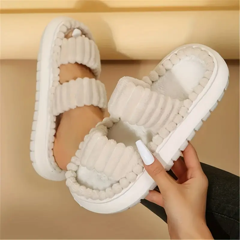 womens double straps plush slippers solid color open toe non slip comfy slides shoes fashion indoor platform slippers 36 37 beige color 12
